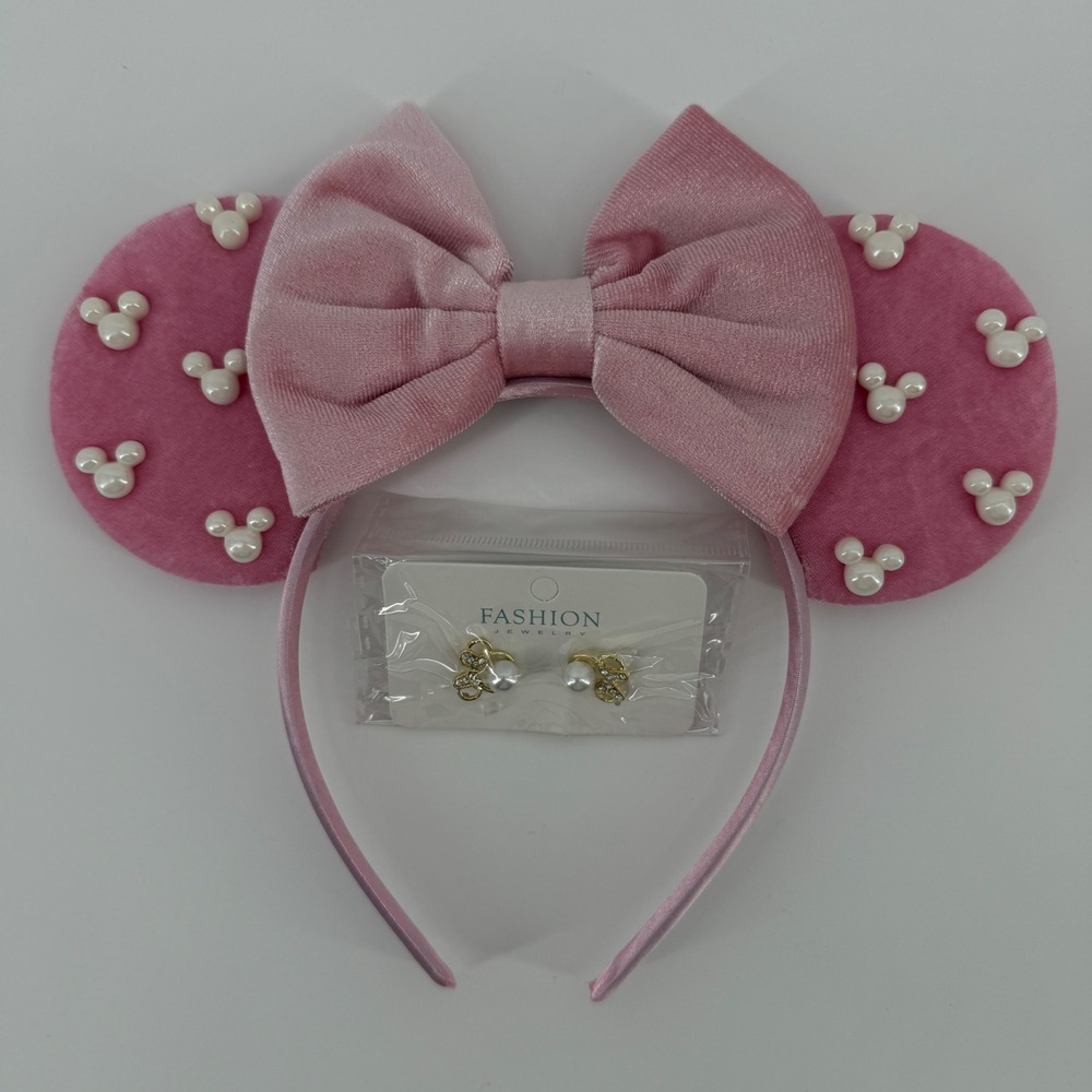 Pink Velvet Pearl Mouse Ears & Matching Earring Set